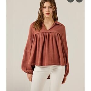 Ces Femme Gauzey Baby Doll Blouse Brick Red Size S